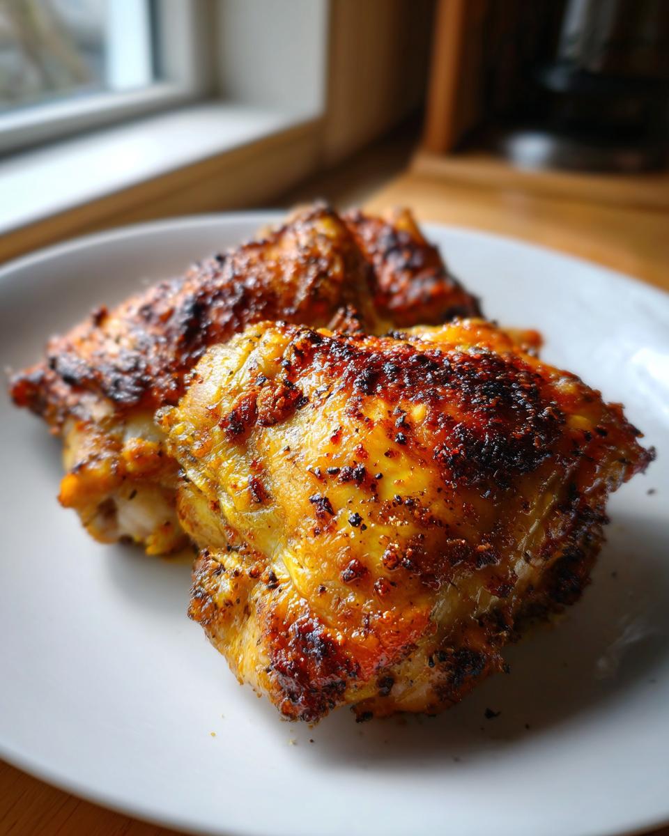 Close-up of golden crispy baked chicken thighs with seasoning on a white plate.