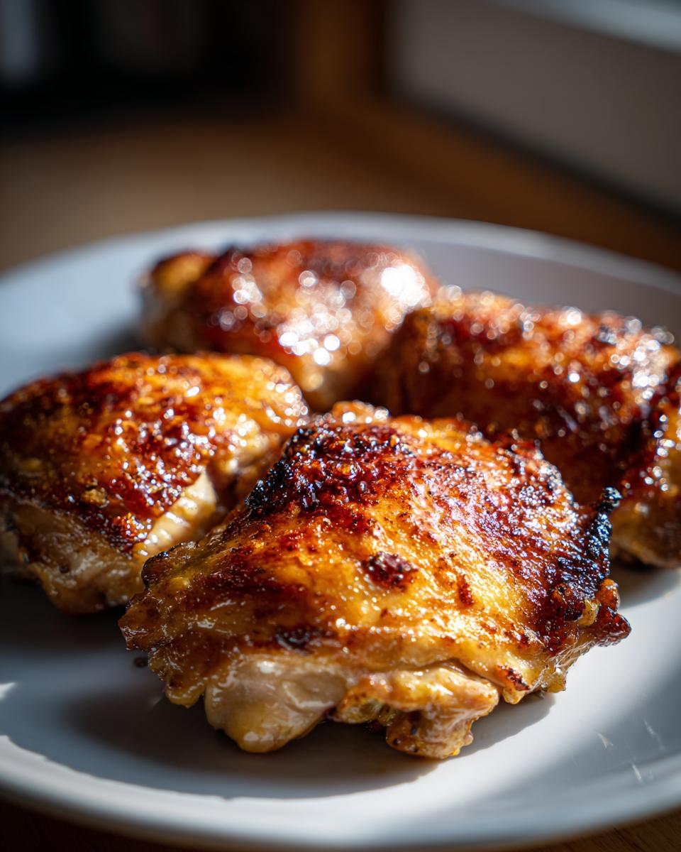 Close-up of crispy baked chicken thighs with golden brown skin on a white plate.