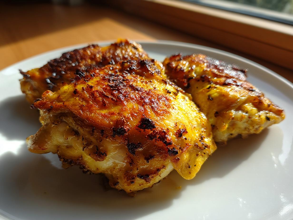Close-up of crispy baked chicken thighs with golden brown skin on a white plate.