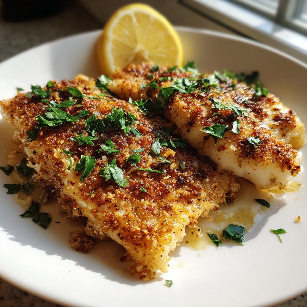 Two crispy baked tilapia fillets garnished with chopped parsley and a lemon wedge
