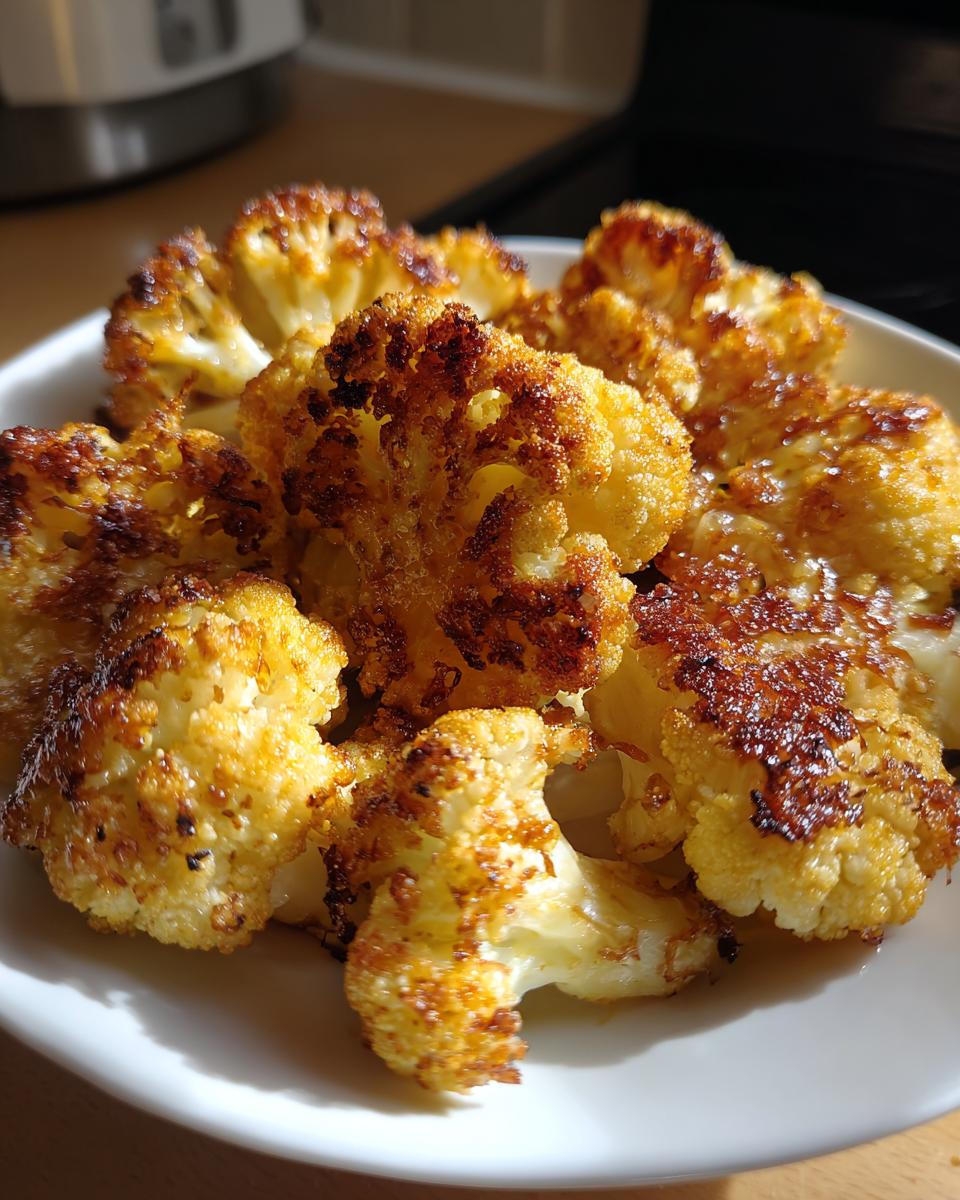 Close-up of crispy garlic parmesan cauliflower florets in a white bowl.
