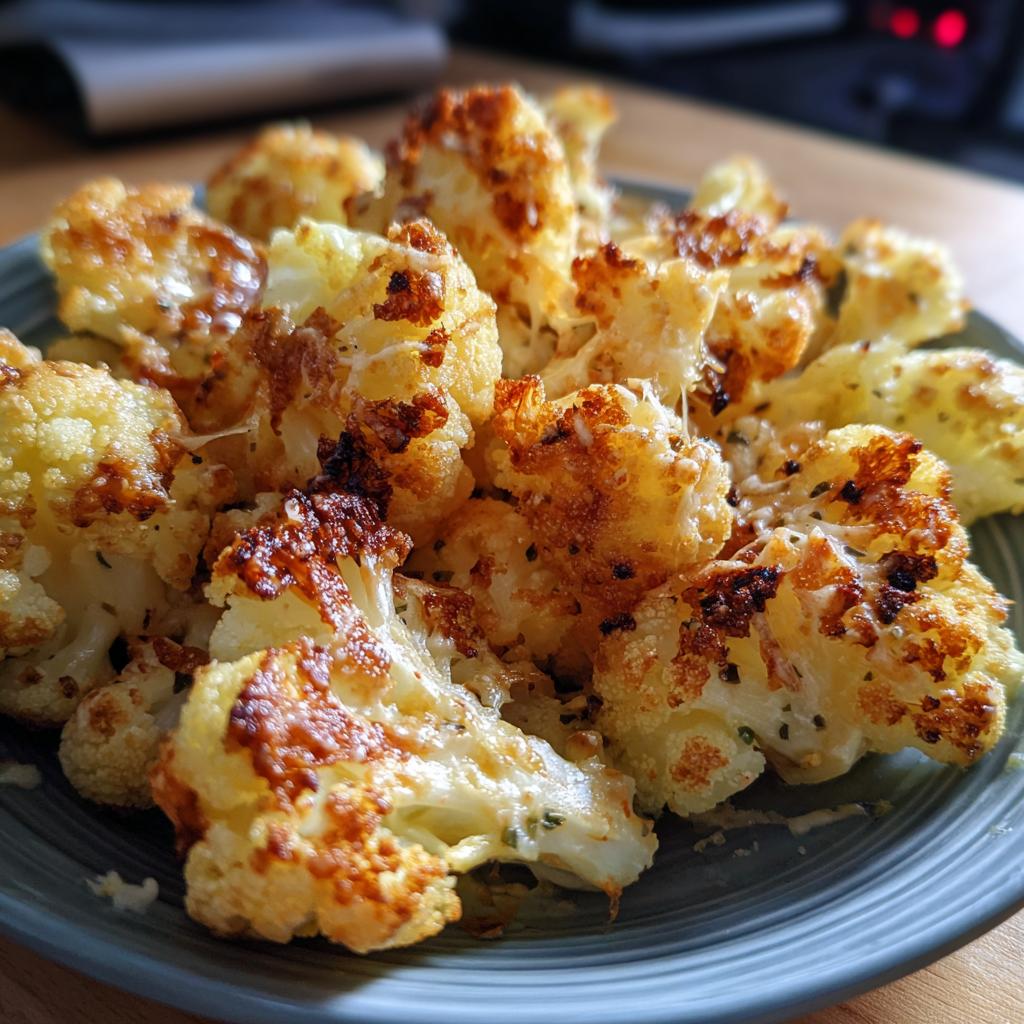 Plate of golden, crispy garlic parmesan cauliflower florets with browned edges.
