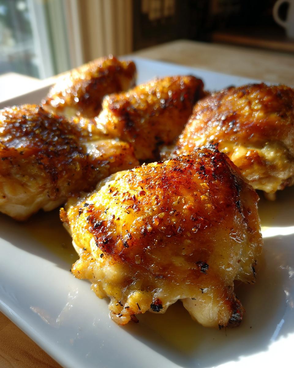 Close-up of crispy baked chicken thighs with golden brown skin on a white plate.
