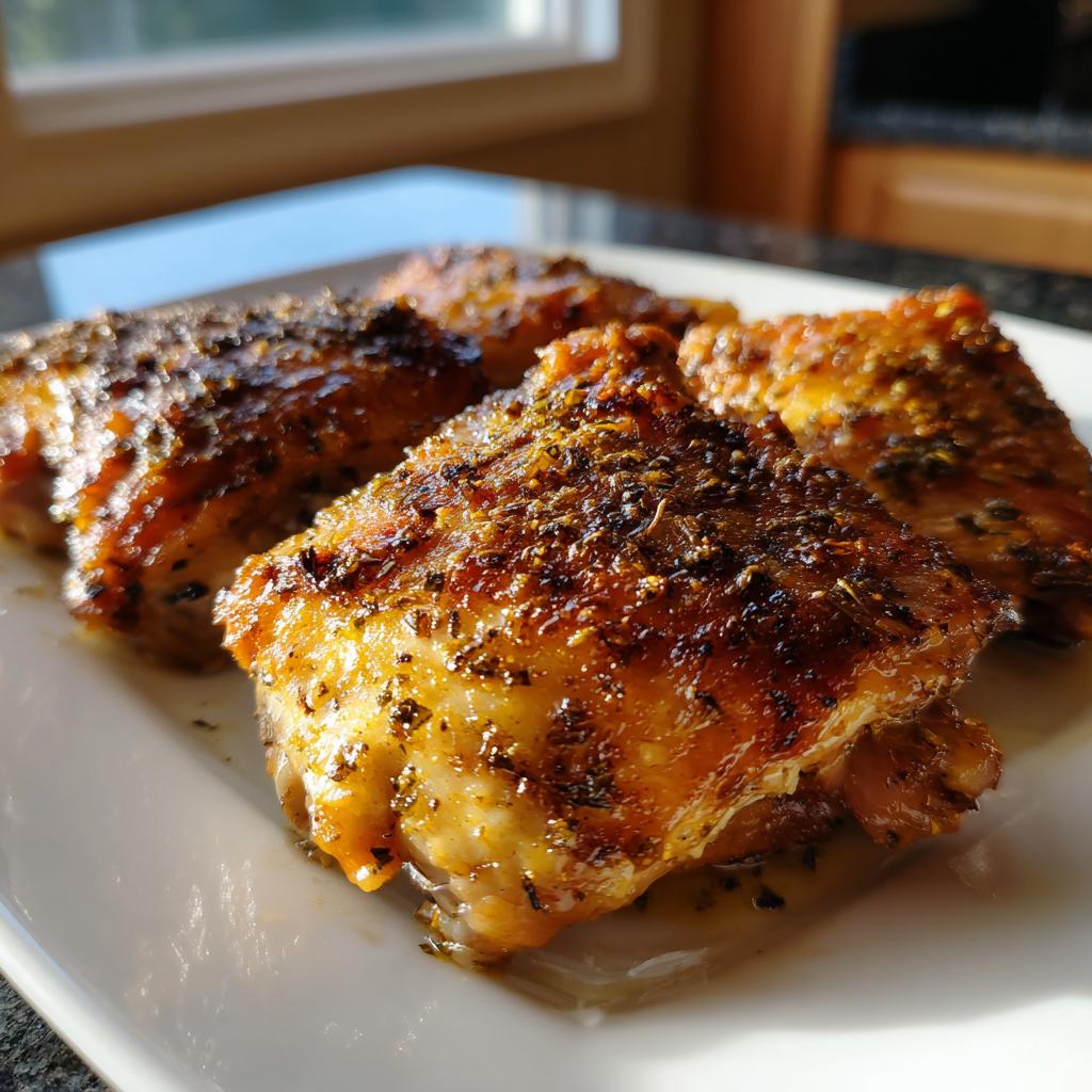 Close-up of crispy baked chicken thighs seasoned with herbs on white plate.