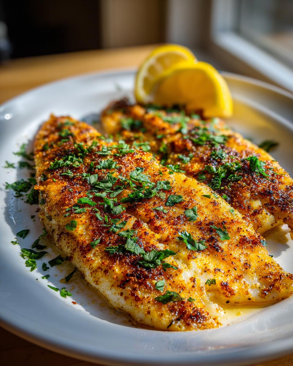 Close-up of two golden baked tilapia fillets garnished with fresh herbs and lemon wedges
