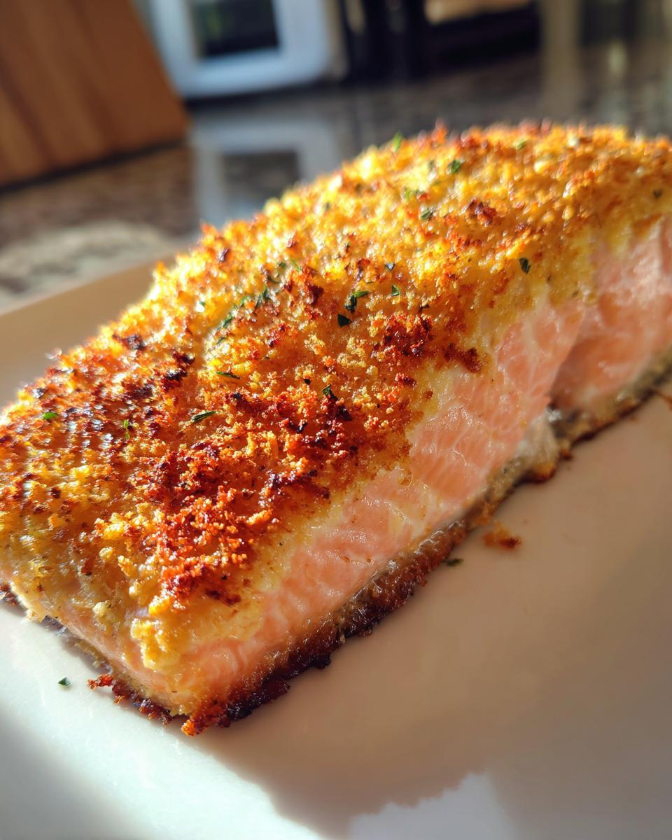 Close-up of a golden, crispy parmesan crusted salmon fillet on a white plate.