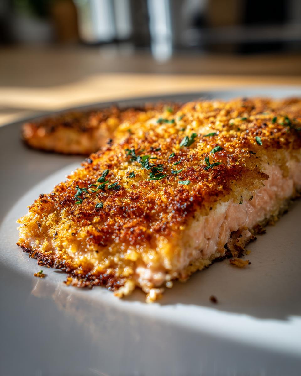 A close-up view of crispy parmesan crusted salmon fillet garnished with herbs on white plate.
