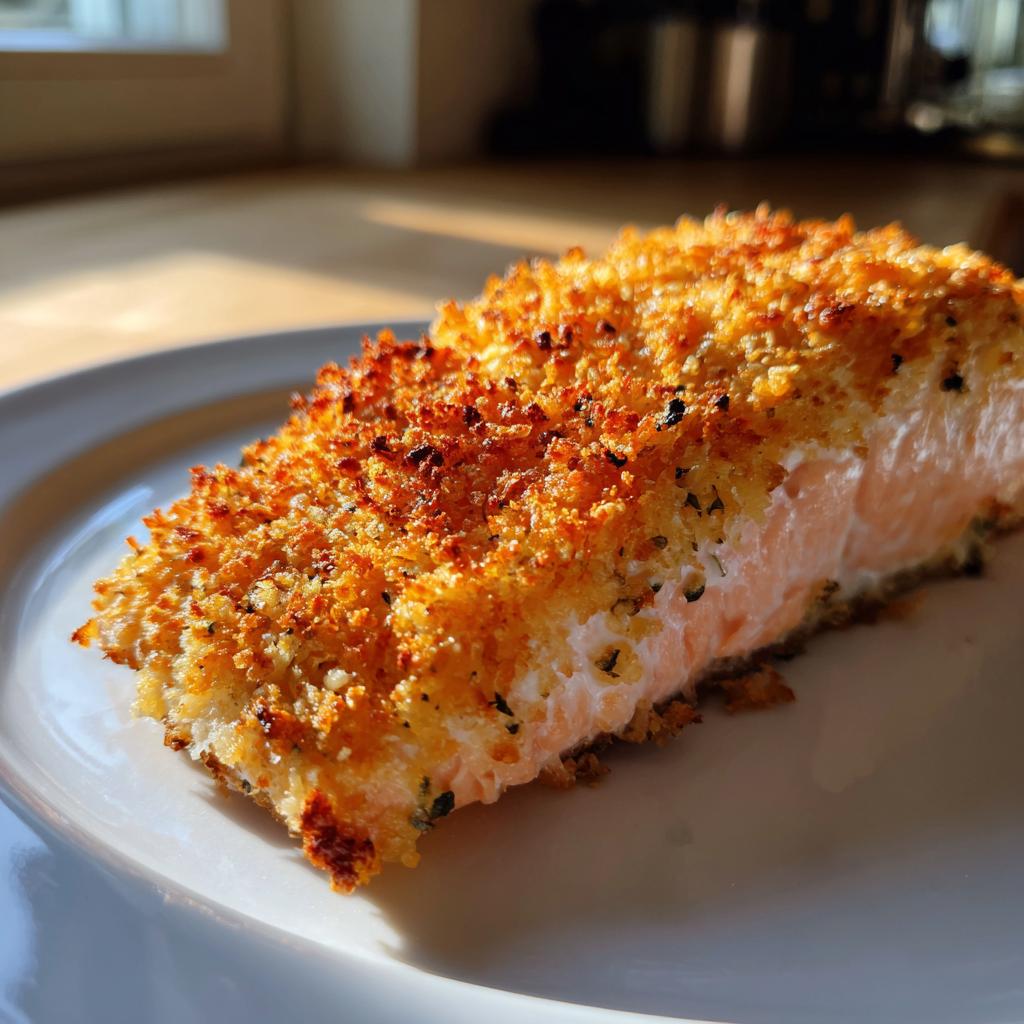 Golden brown parmesan crusted salmon slice on a white plate with a crispy topping.