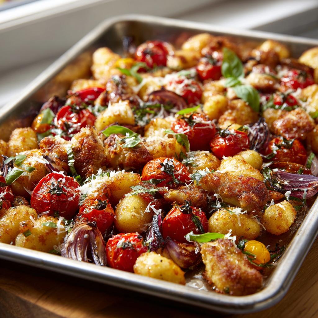 Sheet pan chicken gnocchi with roasted cherry tomatoes, red onions, and fresh herbs.