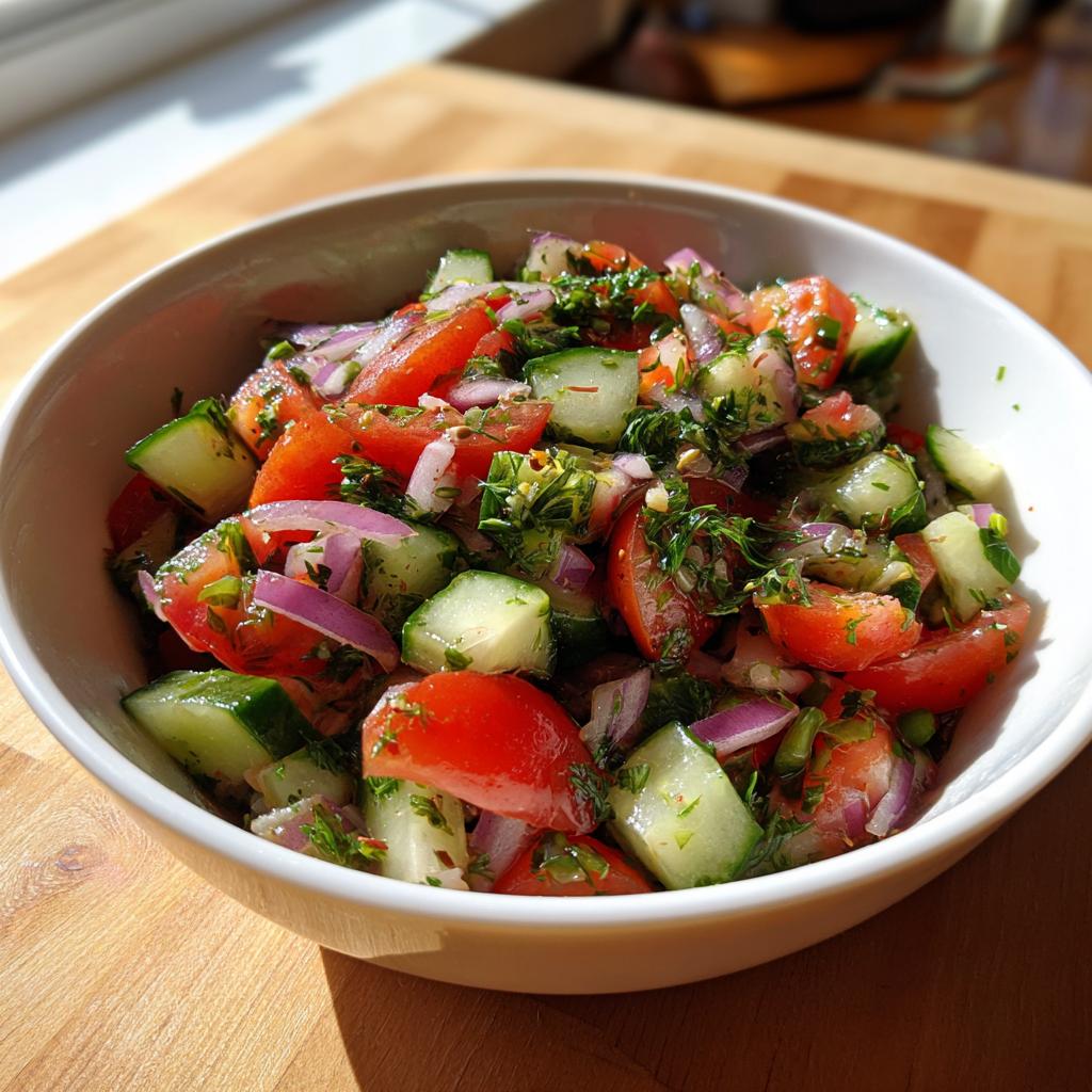 Bowl of cucumber tomato salad with fresh herbs, red onions, and olive oil dressing