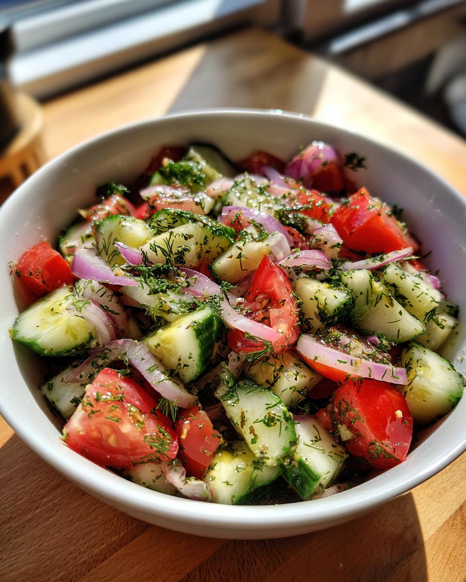 Bowl of cucumber tomato salad with fresh herbs and sliced red onions
