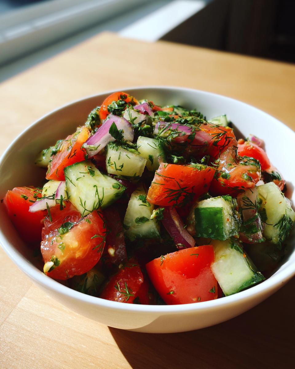 Bowl of cucumber tomato salad with fresh herbs including dill and parsley.