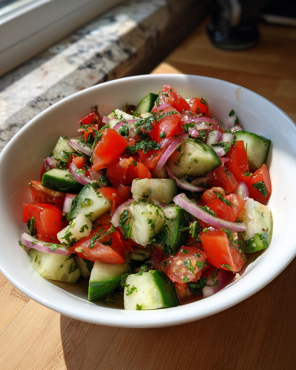 Bowl of cucumber tomato salad with fresh herbs and red onion slices on wooden surface.