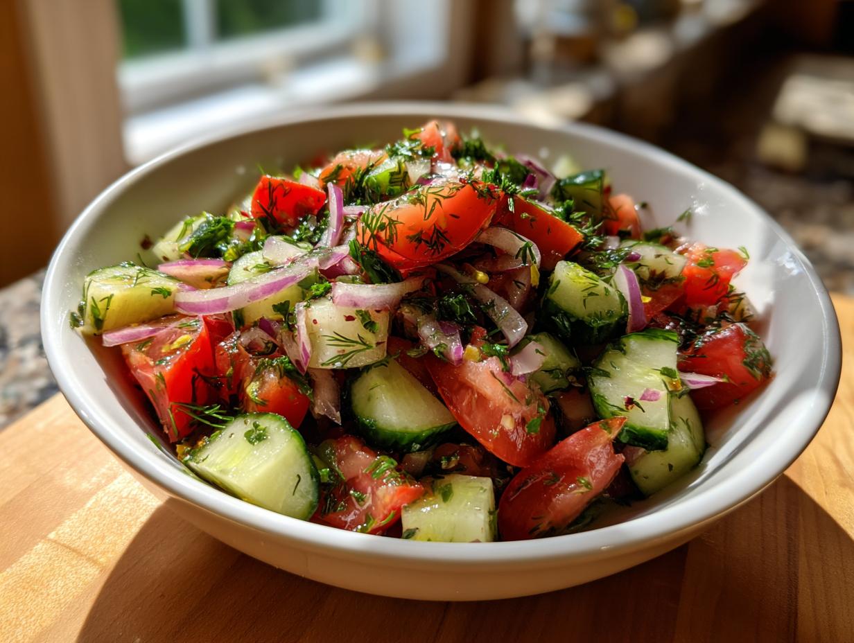 Bowl of cucumber tomato salad with fresh herbs and red onion slices.