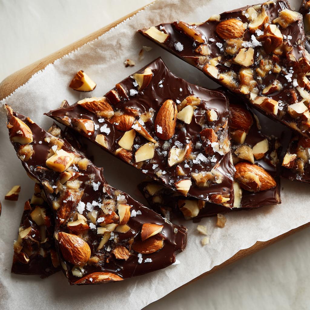 Close-up of dark chocolate almond bark snack pieces topped with chopped almonds and sea salt.