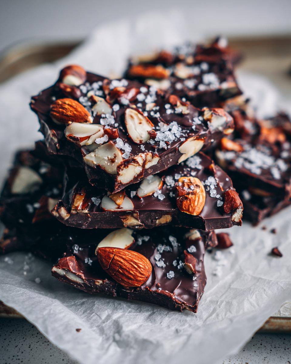 Close-up of dark chocolate almond bark snack topped with sea salt and whole almonds