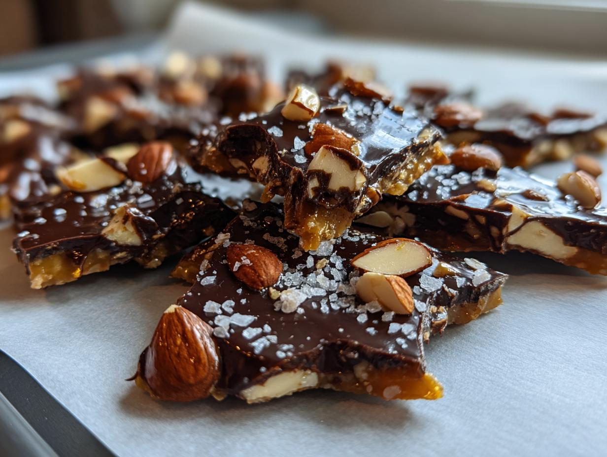 Star-shaped pieces of dark chocolate almond bark snack sprinkled with sea salt on parchment paper