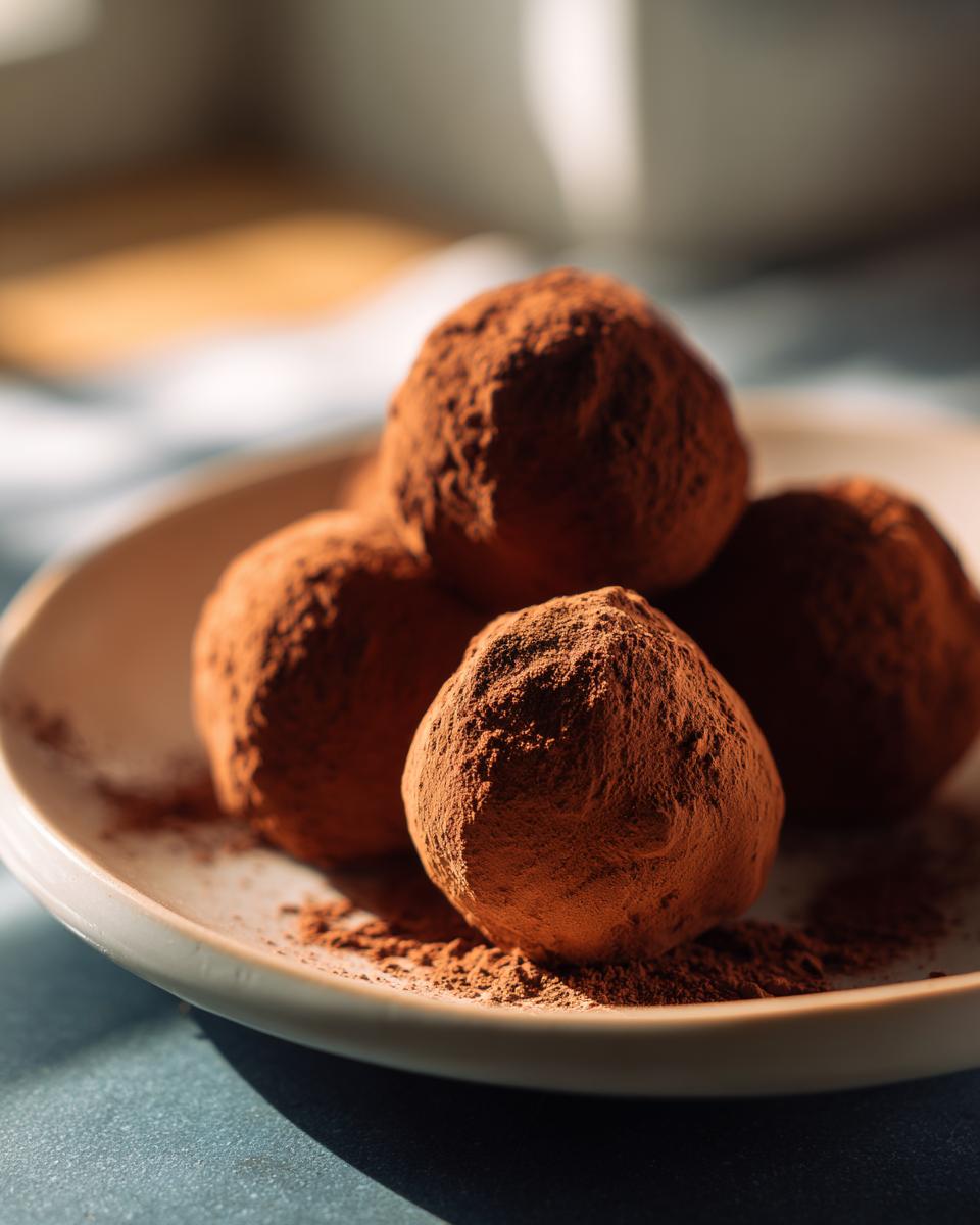 Plate with several dark chocolate truffles covered in cocoa powder in warm lighting.