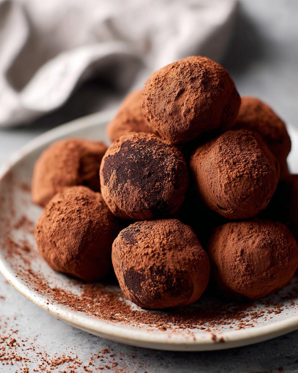 Close-up of dark chocolate truffles dusted with cocoa powder stacked on a white plate.