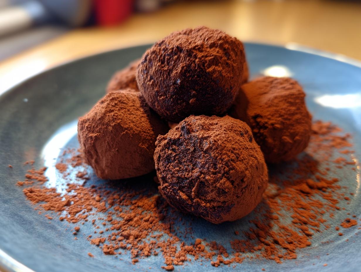 Close-up of dark chocolate truffles dusted with cocoa powder on a blue plate.
