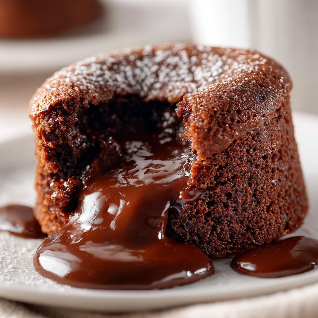 Close-up of a chocolate lava cake with molten chocolate flowing out