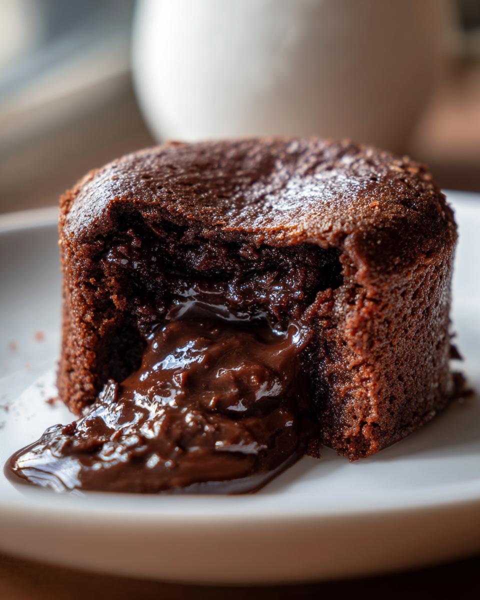 Close-up of a chocolate lava cake with molten chocolate flowing out onto a white plate.