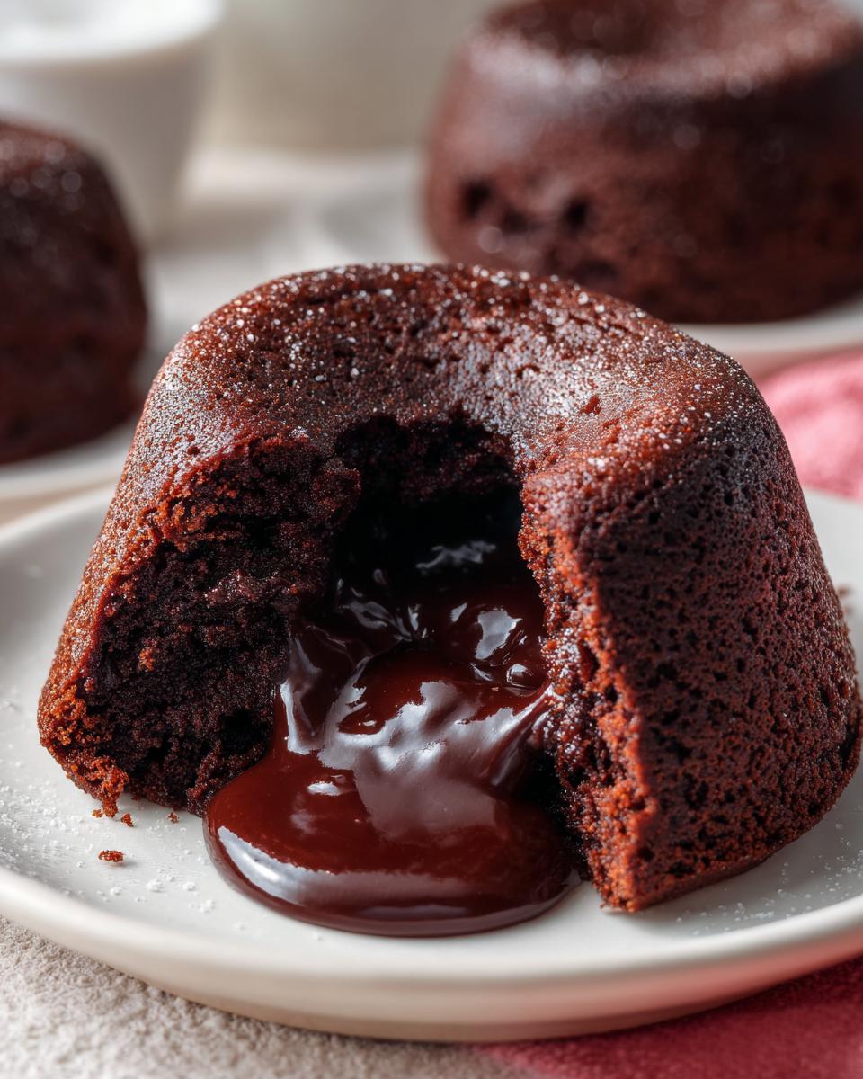 Chocolate lava cake with rich molten chocolate center oozing out on a white plate