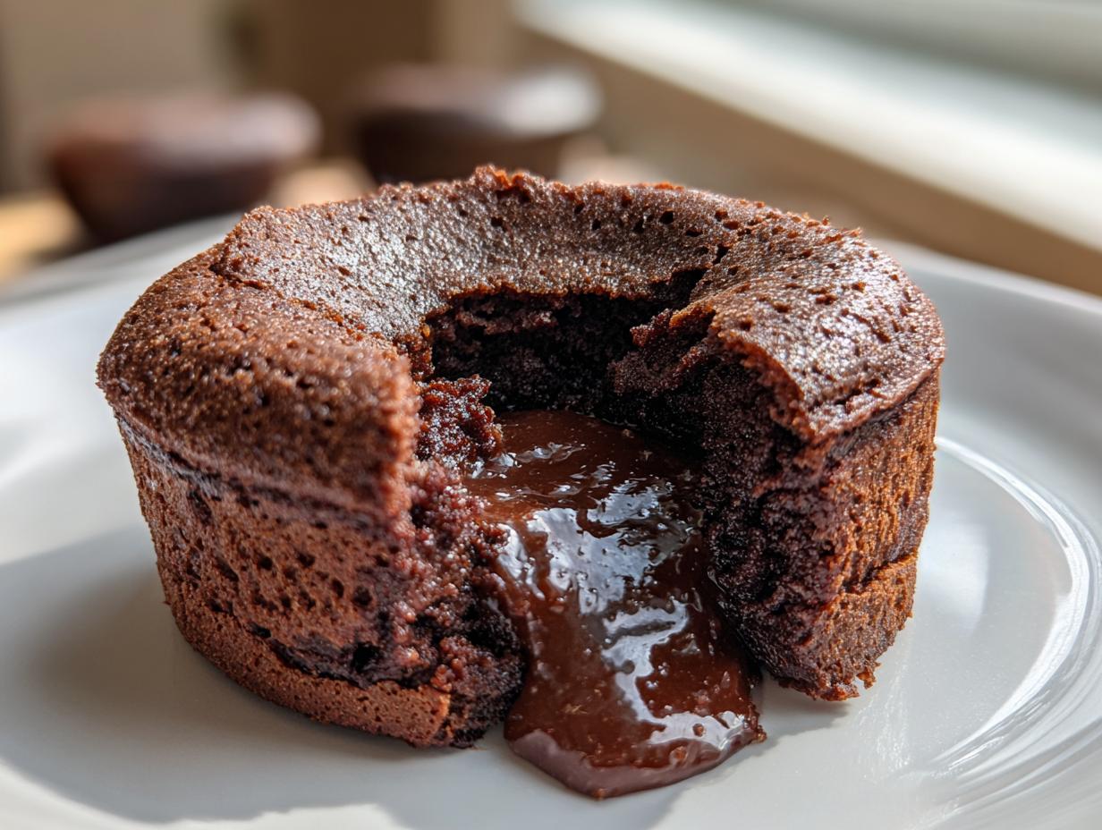 Close-up of a chocolate lava cake with gooey melted chocolate flowing from the center on a white plate.
