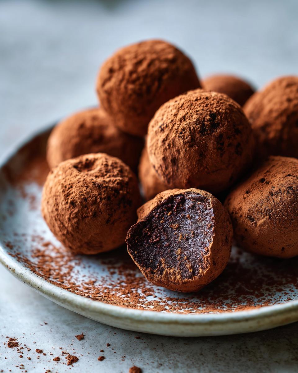 Plate of rich dark chocolate truffles dusted with cocoa powder, one truffle partly bitten