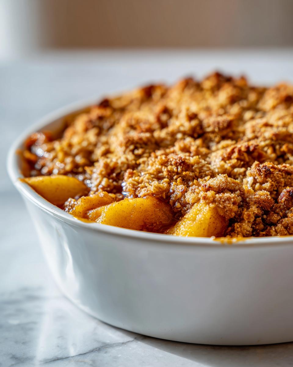 Close-up of easy apple crisp with oat crumble topping in a white round dish
