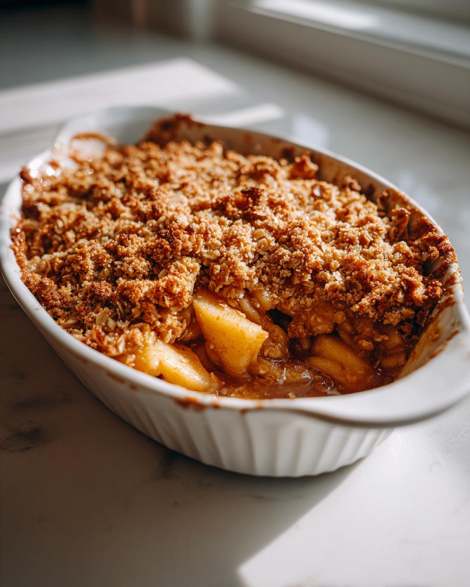 Easy apple crisp with oat crumble topping baked golden brown in a white dish