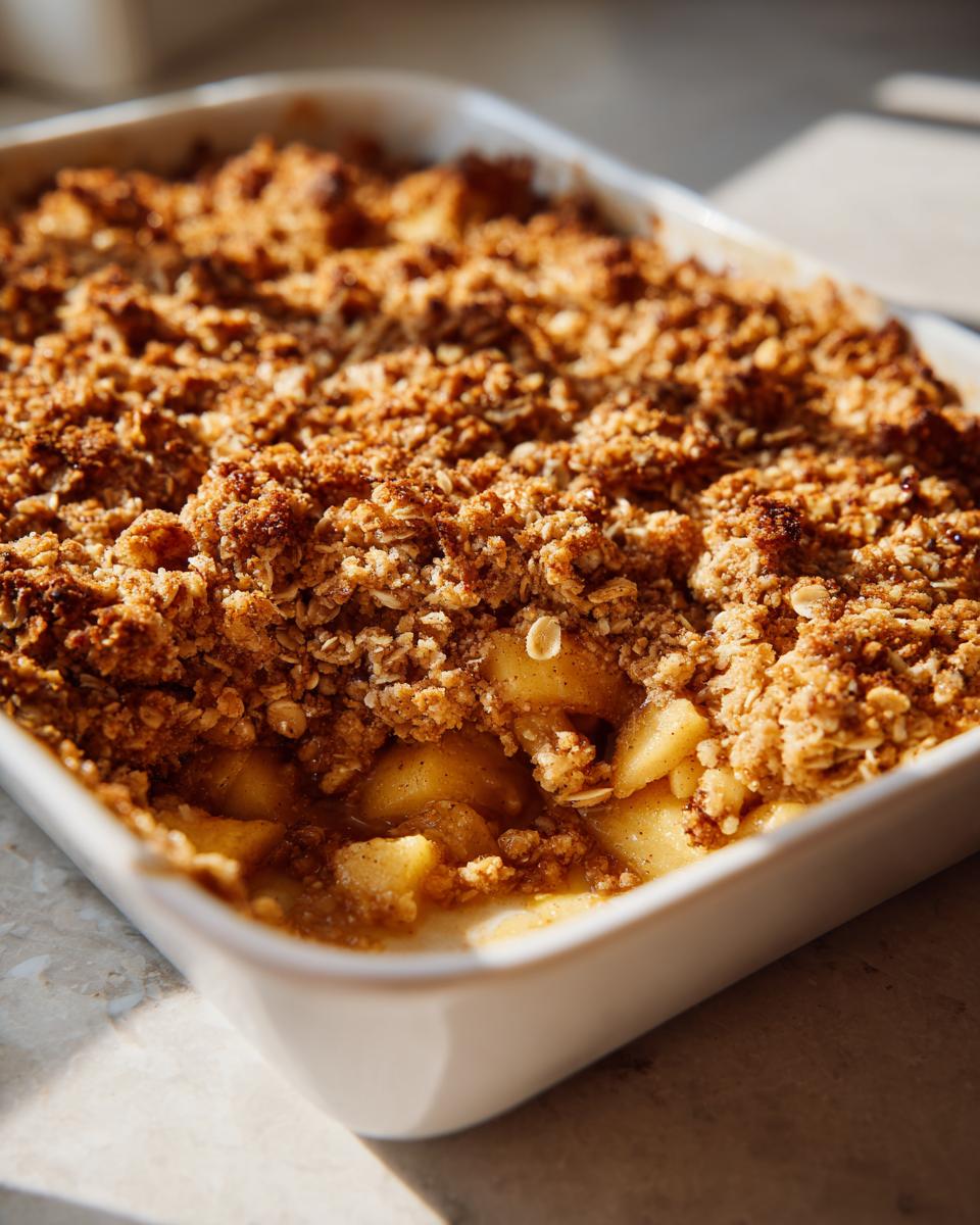 Baked easy apple crisp with oat crumble topping in a white square baking dish