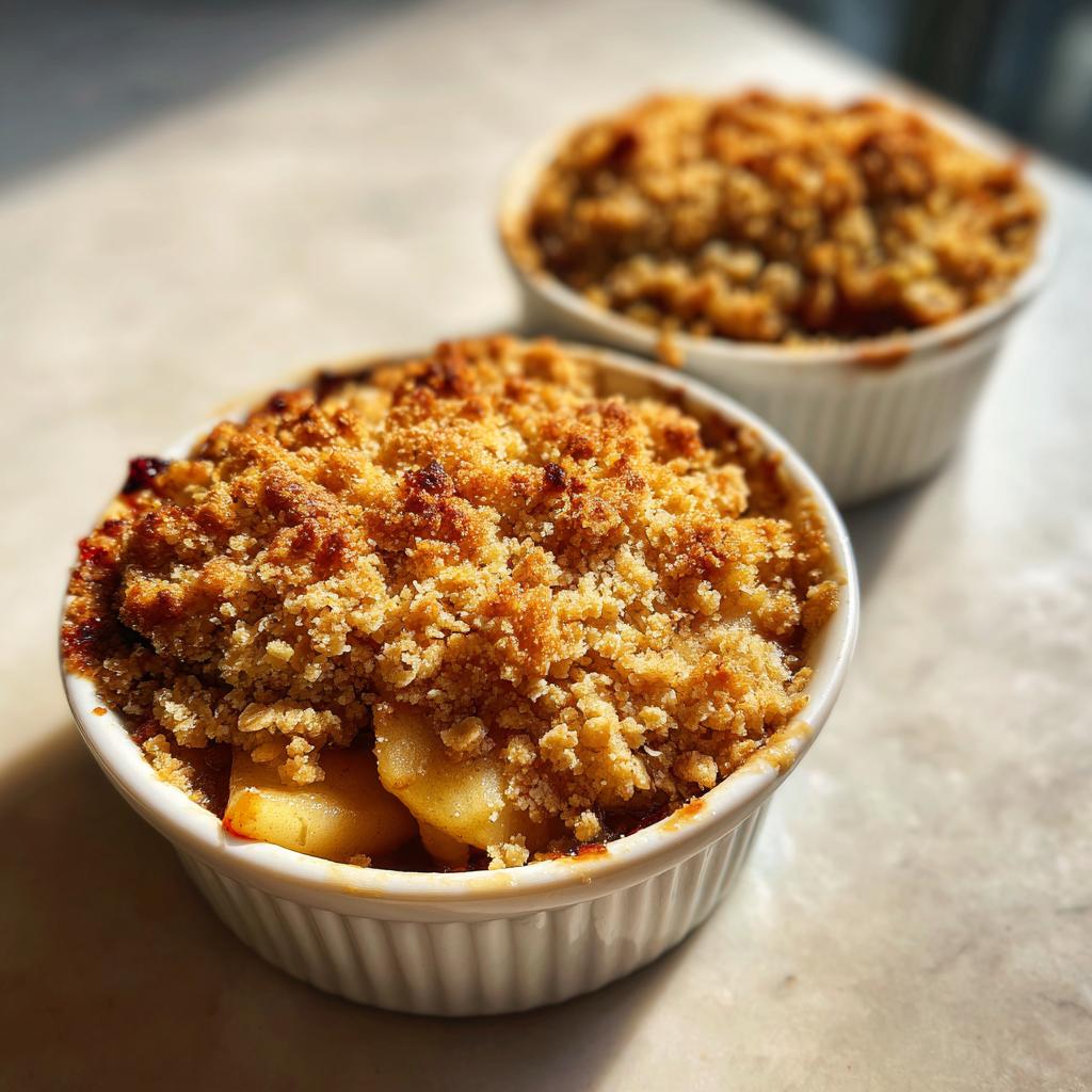 Two ramekins of easy apple crisp with oat crumble topping, golden and crispy.