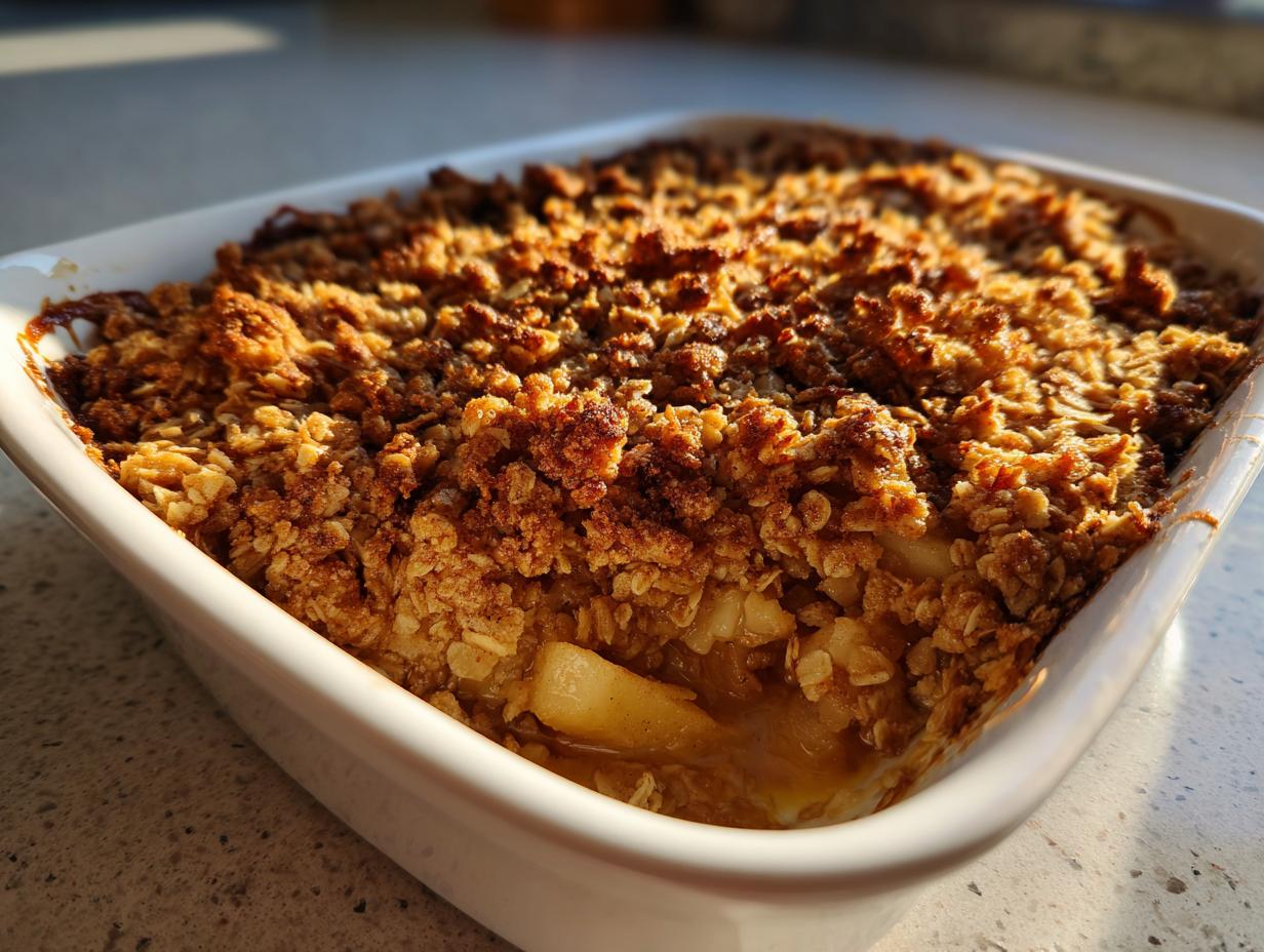 Close-up of easy apple crisp with oat crumble topping in white baking dish with a portion scooped out.