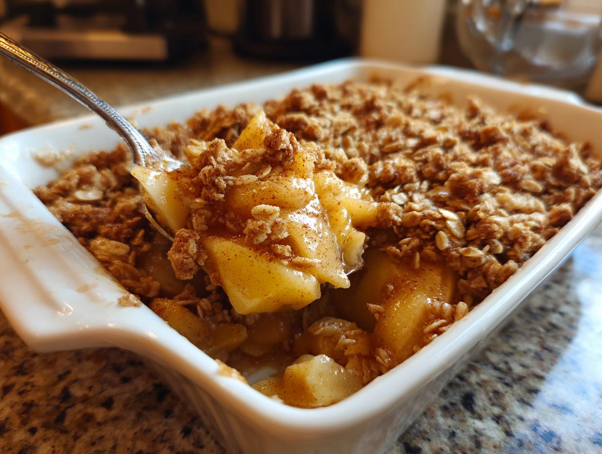 Close-up of easy baked cinnamon apple crisp with oats topping in white baking dish