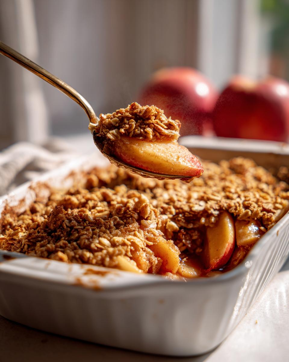 Spoon lifting a serving of easy baked cinnamon apple crisp with oats and tender apple slices.