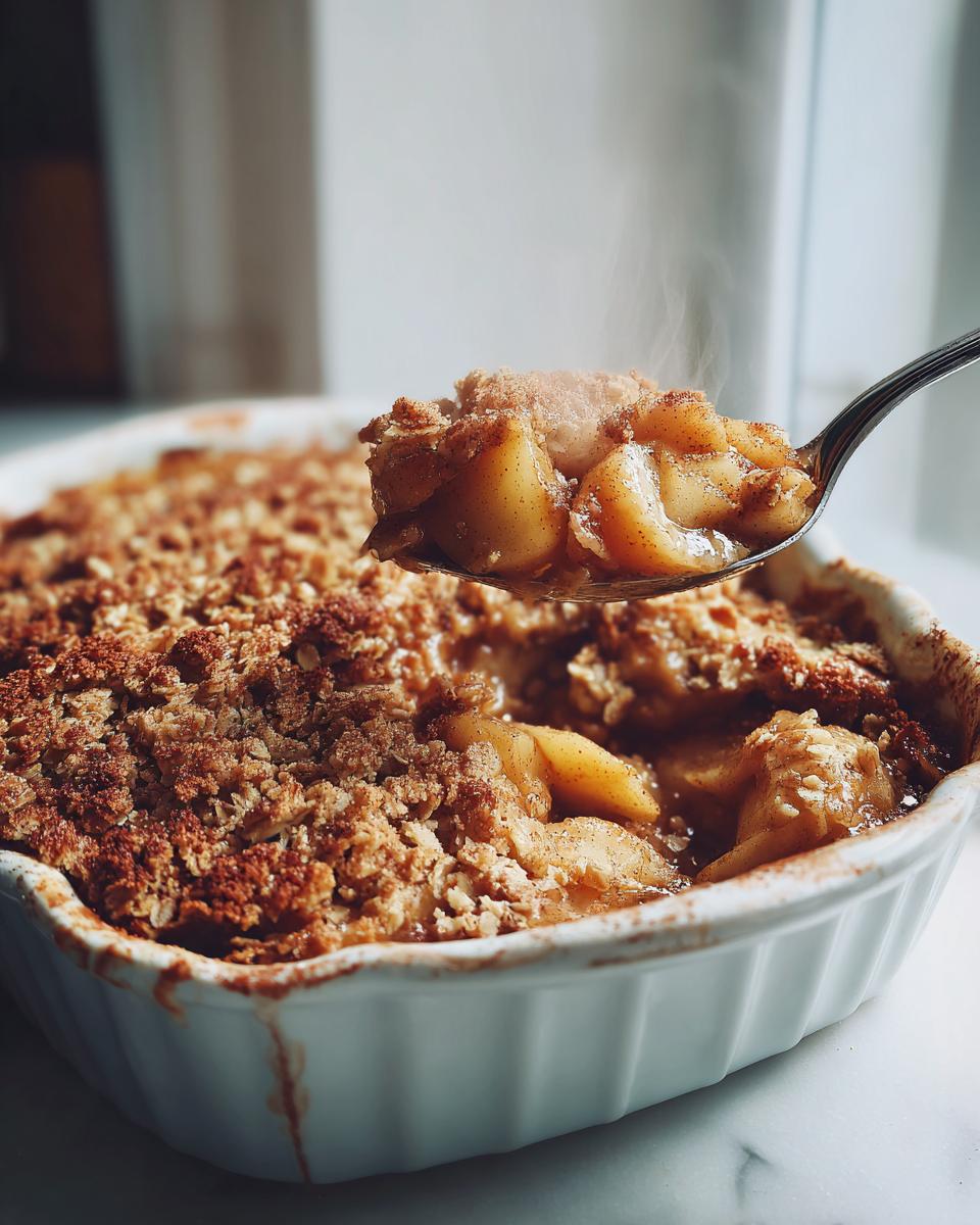 Spoon lifting warm easy baked cinnamon apple crisp with oats and cinnamon topping