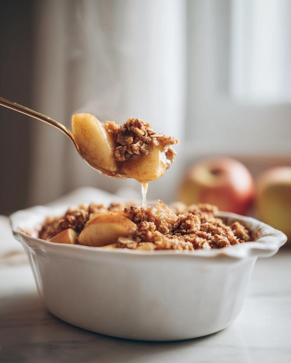 Spoonful of easy baked cinnamon apple crisp with warm apple slices and crumbly topping