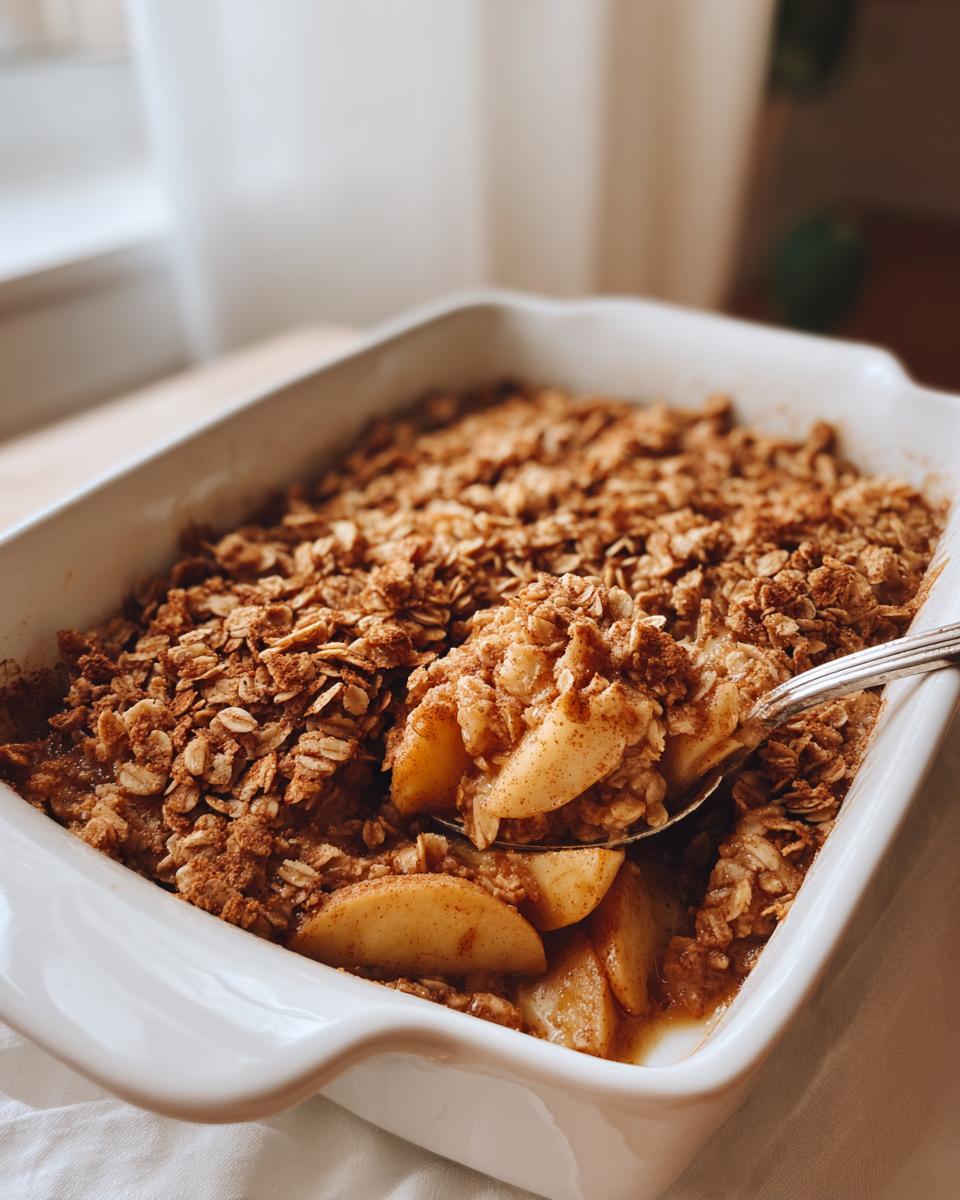 White baking dish with easy baked cinnamon apple crisp topped with oat crumble