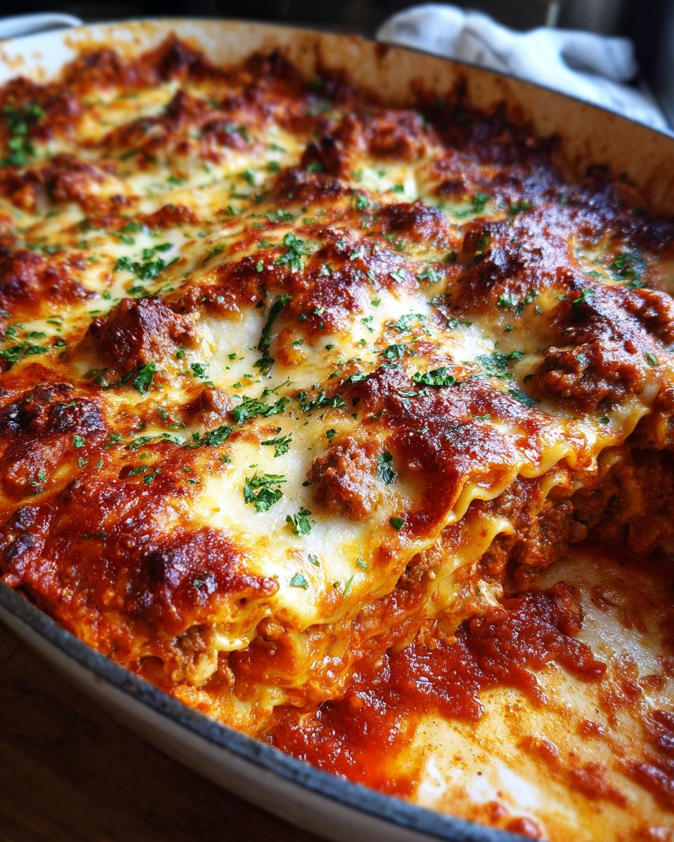 Close-up of easy skillet lasagna with ground beef topped with melted cheese and herbs in a pan.