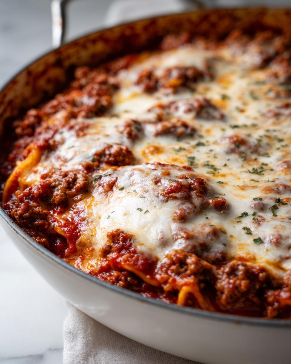 Close-up of easy skillet lasagna with ground beef topped with melted cheese and herbs.