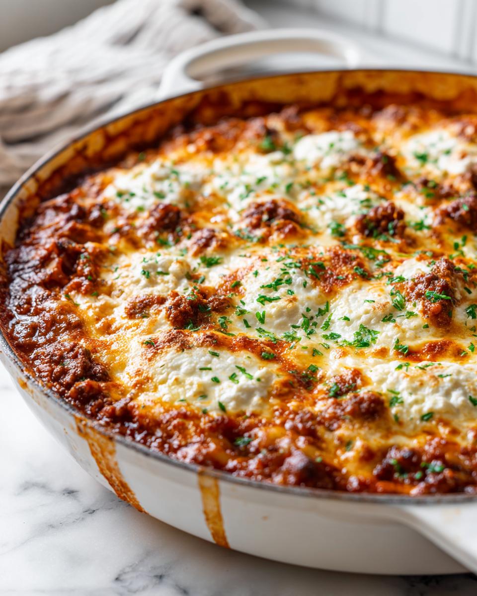 Close-up of easy skillet lasagna with ground beef topped with melted cheese and herbs in a white skillet.