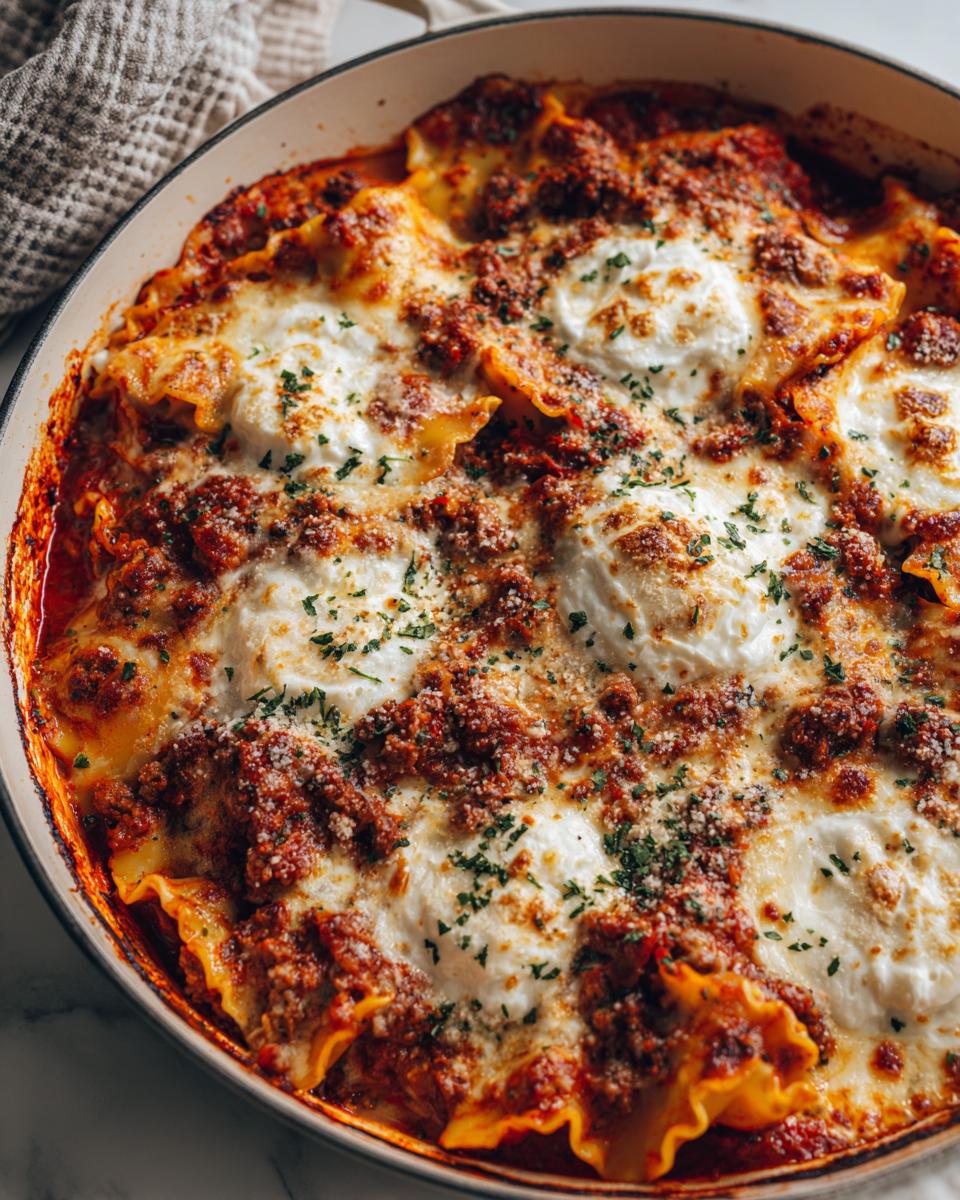 Close-up of easy skillet lasagna with ground beef topped with melted cheese and herbs in a pan.