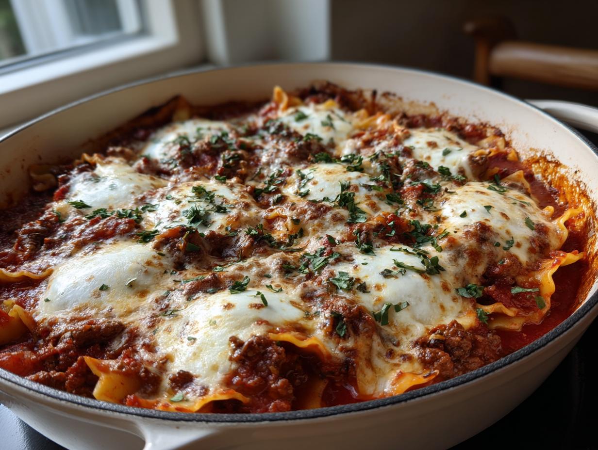 Close-up of easy skillet lasagna with ground beef topped with melted cheese and herbs in white pan
