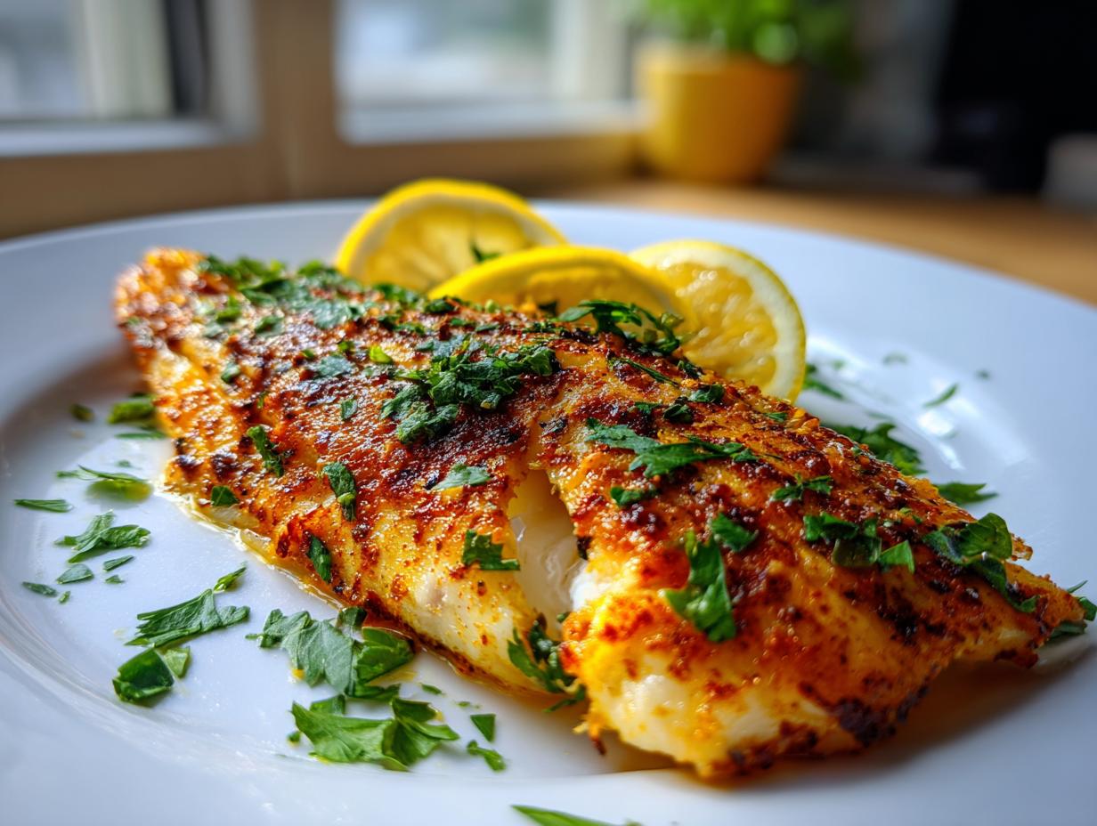 Close-up of a flaky baked tilapia fillet garnished with chopped parsley and lemon slices on a white plate