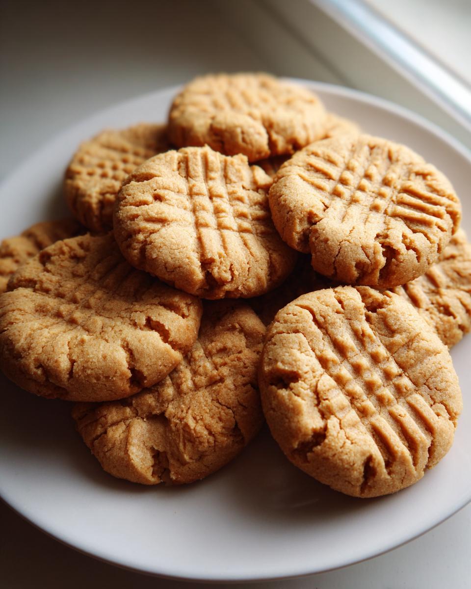 Plate of golden brown flourless peanut butter cookies with fork marks on top.