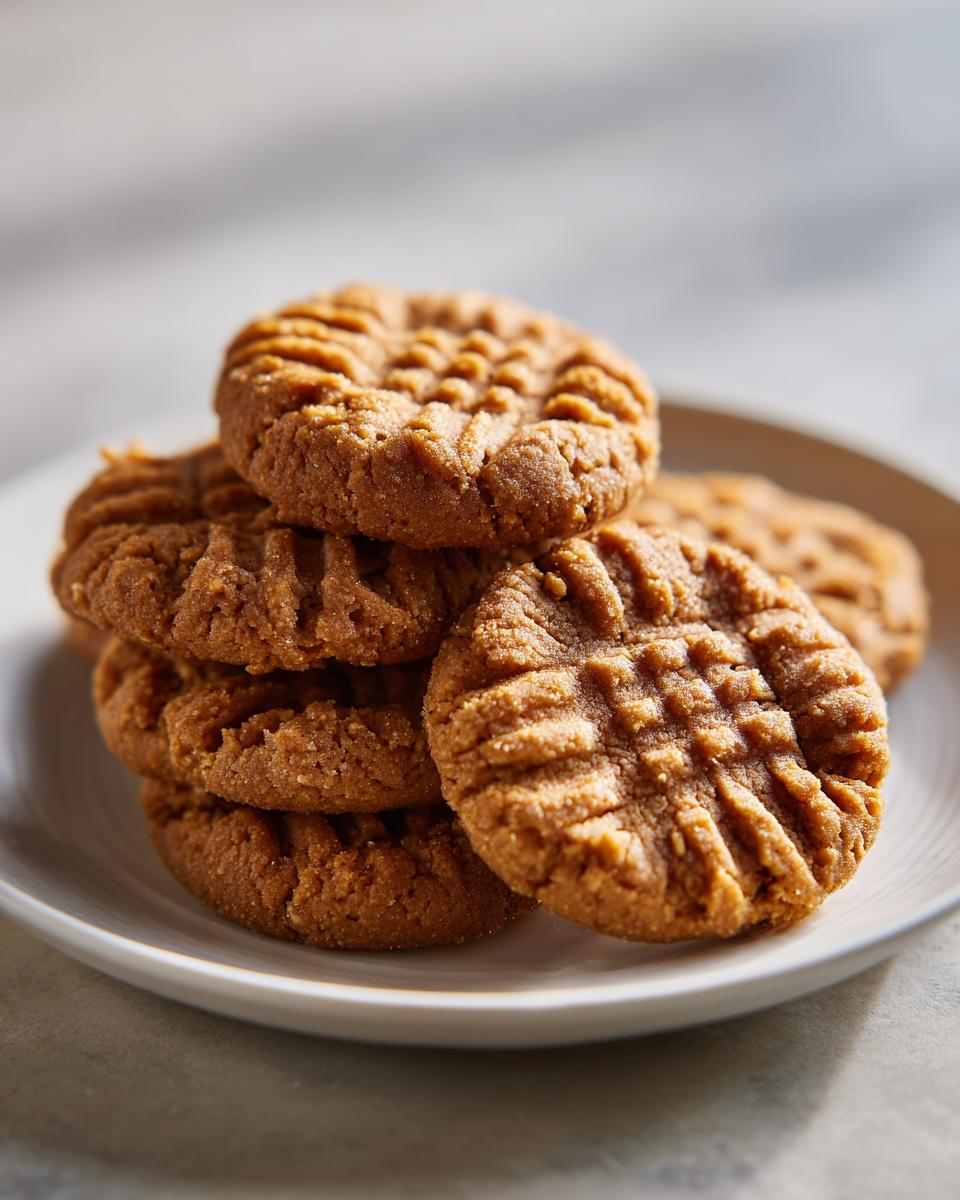 Stacked golden brown flourless peanut butter cookies on a white plate.