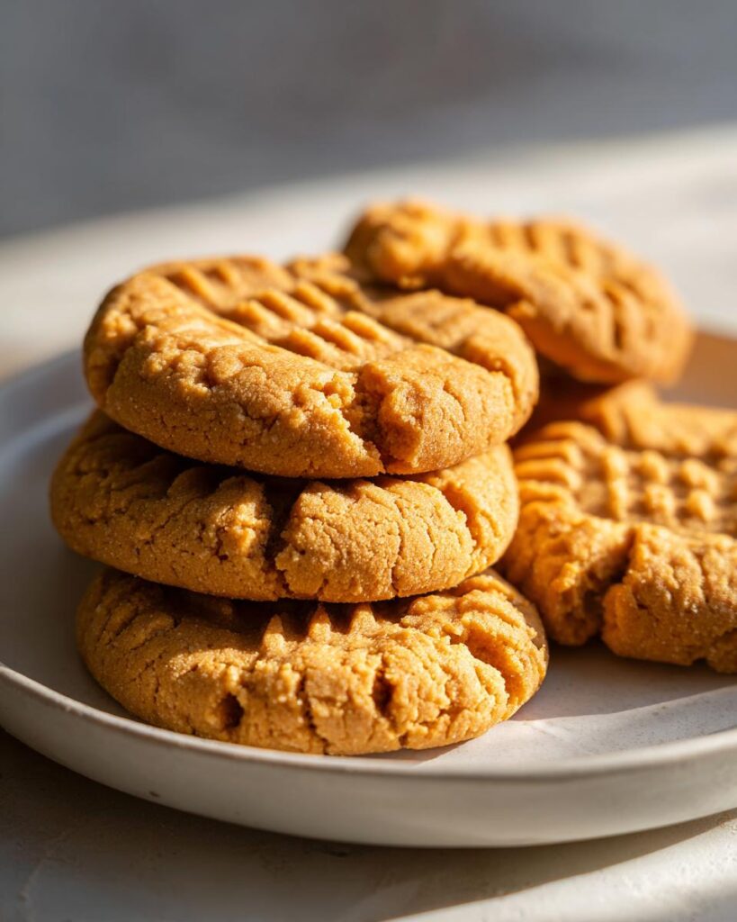 Close-up of a stack of golden flourless peanut butter cookie recipe cookies with one cookie partially broken.