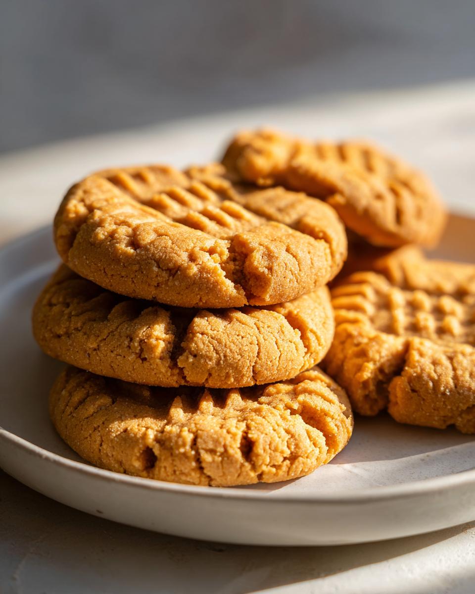 Close-up of a stack of golden flourless peanut butter cookie recipe cookies with one cookie partially broken.