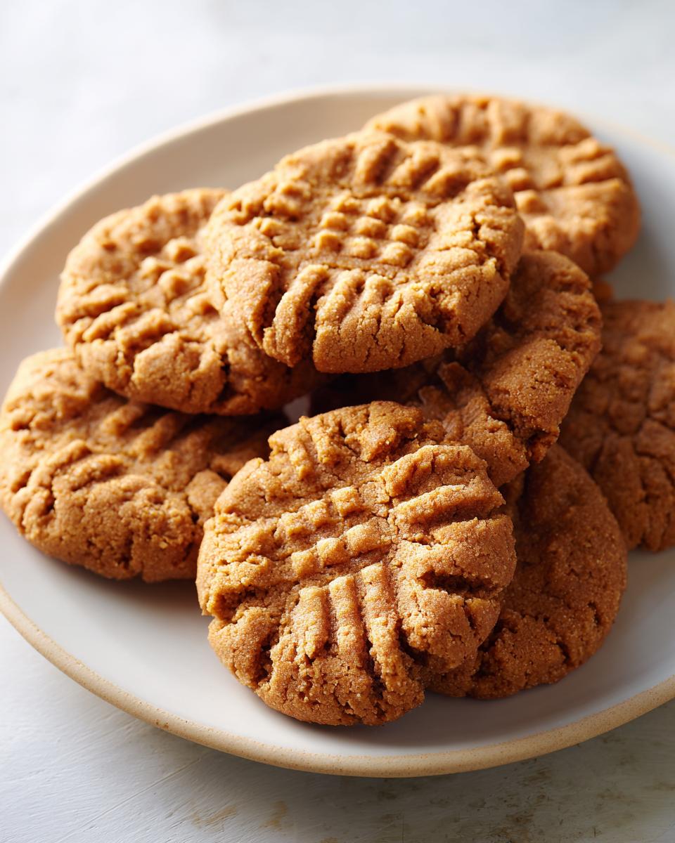 Close-up of homemade flourless peanut butter cookie recipe stacked on a white plate.